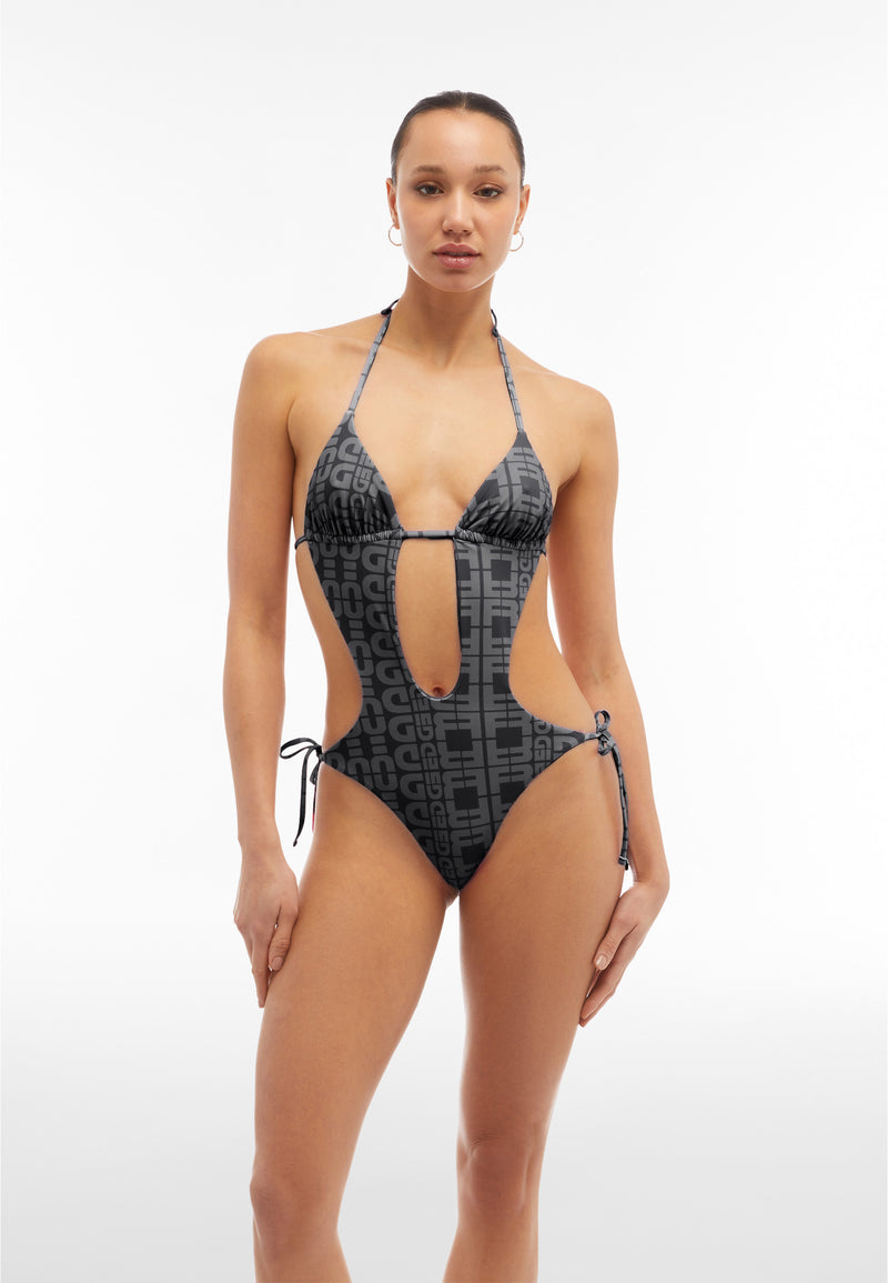 Einteiliger Badeanzug mit Cut-outs und Allover-Logo-Print - BLACK