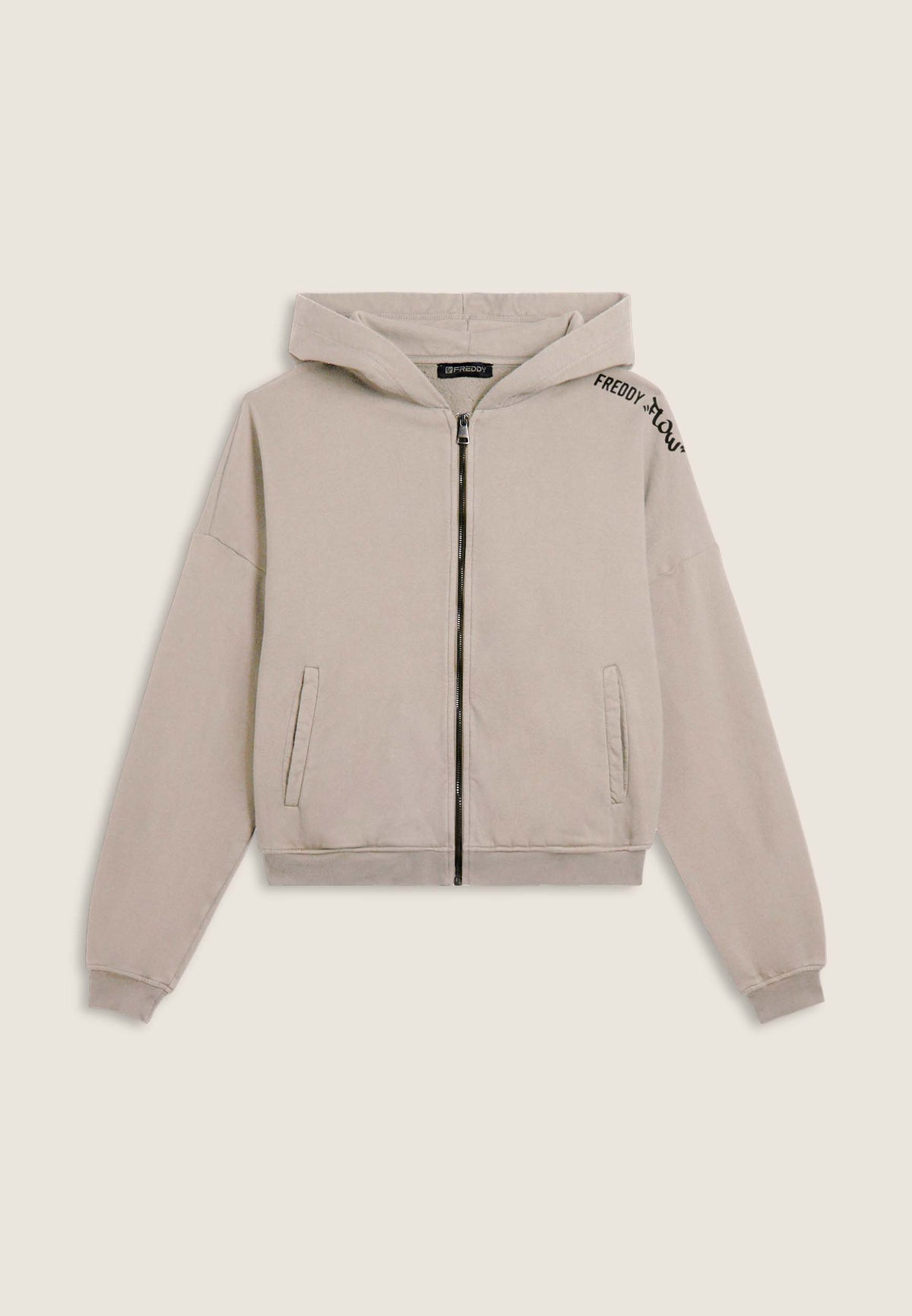 Cropped oversize sweatshirt with zip and Flow print - Crystal Gray