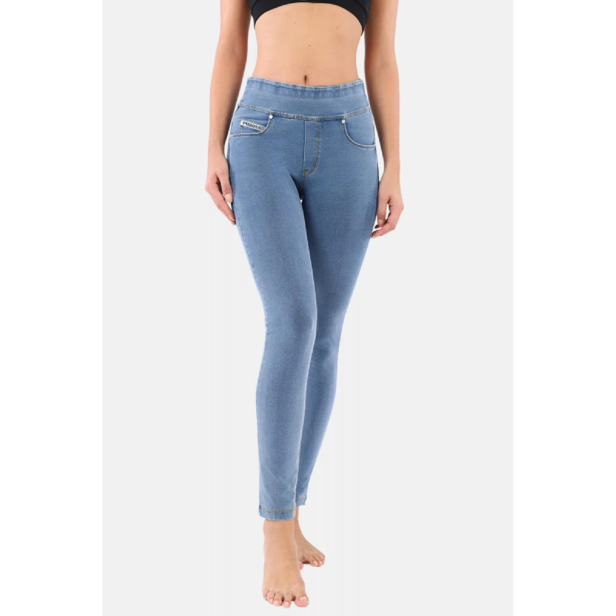 Freddy N.O.W.® Yoga Damen Comfort Jeans - Mid Waist Skinny - Hellblau - Gelbe Nähte - J4Y