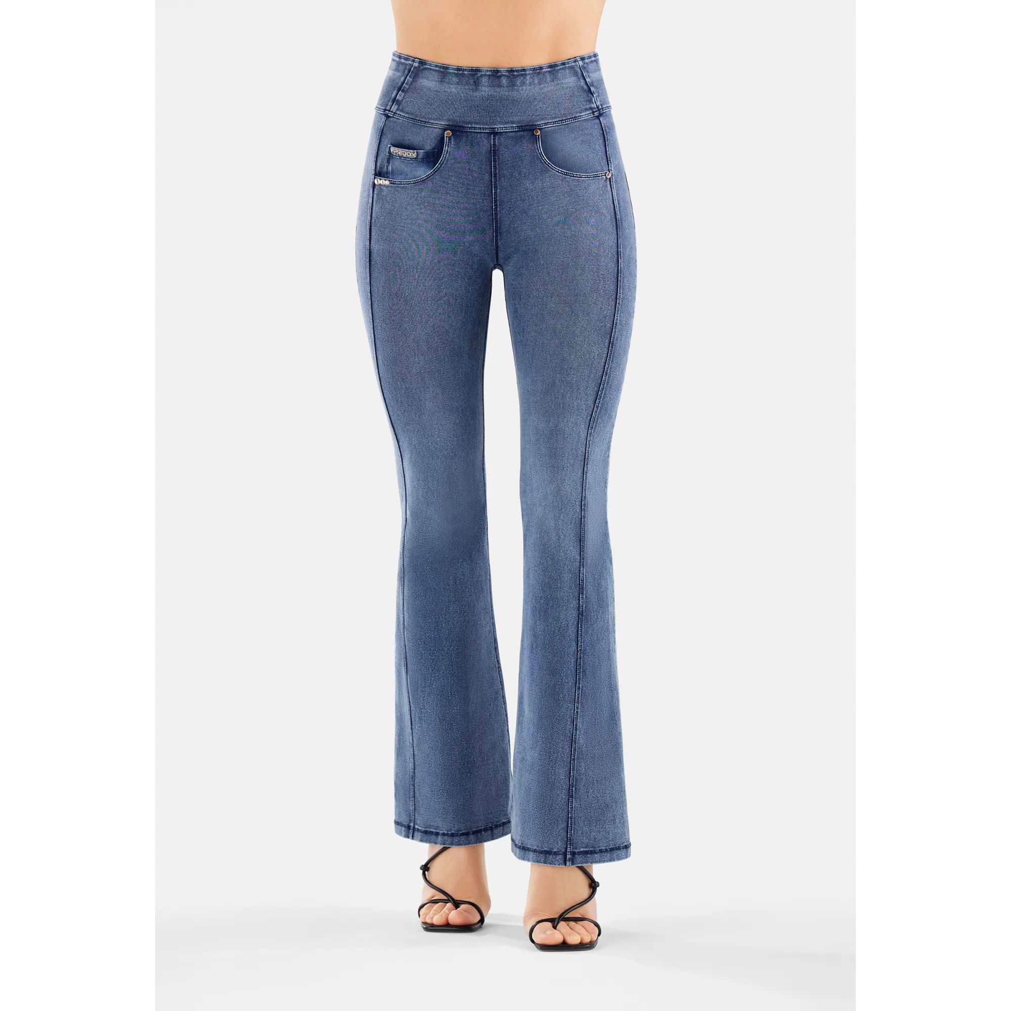 Freddy N.O.W.® Yoga Damen Comfort Jeans - High Waist Flare - Blau - Blaue Nähte - J109B
