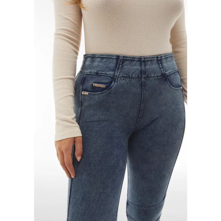 Freddy N.O.W.® Yoga Damen Comfort Jeans - 7/8 Mid Waist Skinny - Blau - Blaue Nähte - J109B
