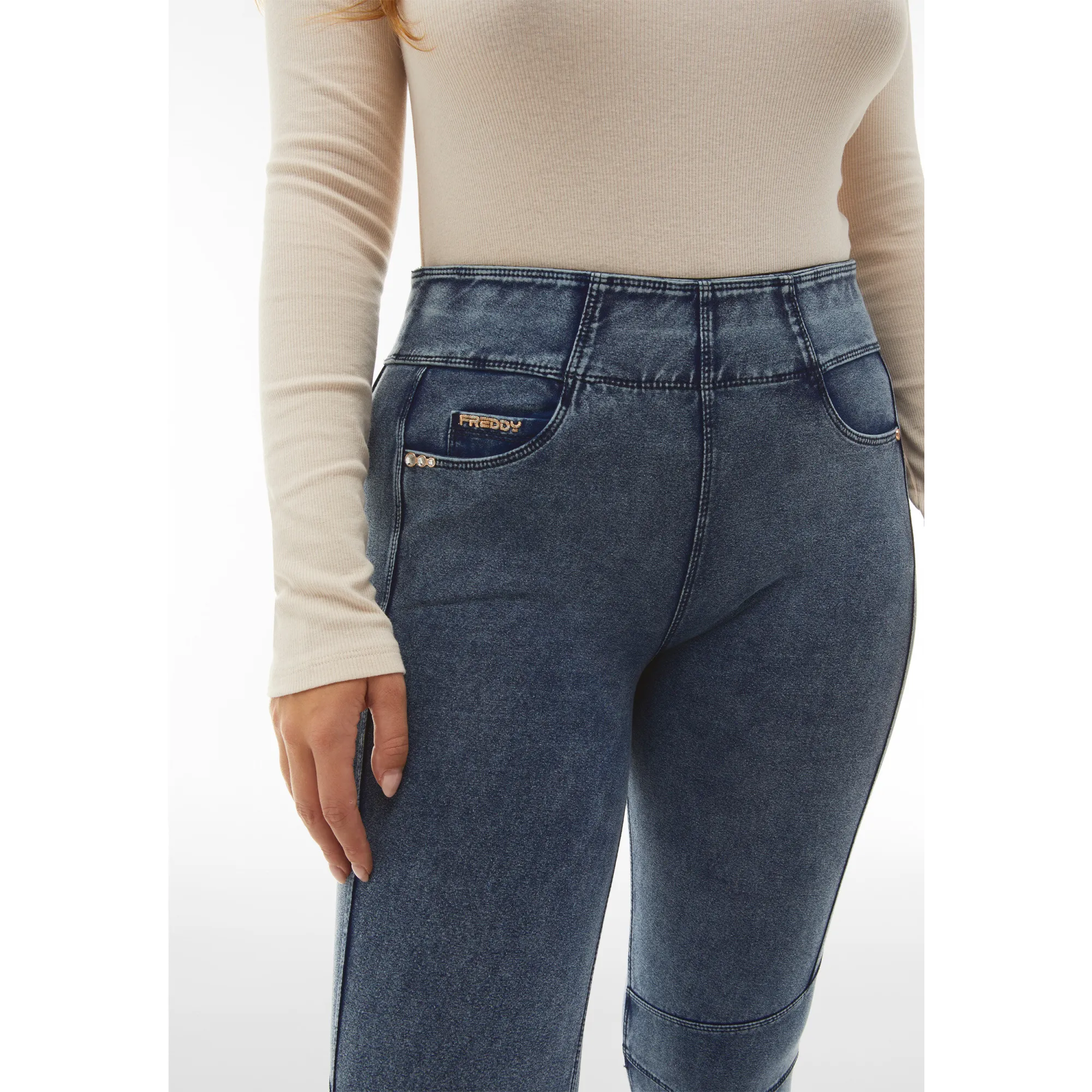 Freddy N.O.W.® Yoga Damen Comfort Jeans - 7/8 Mid Waist Skinny - Blau - Blaue Nähte - J109B