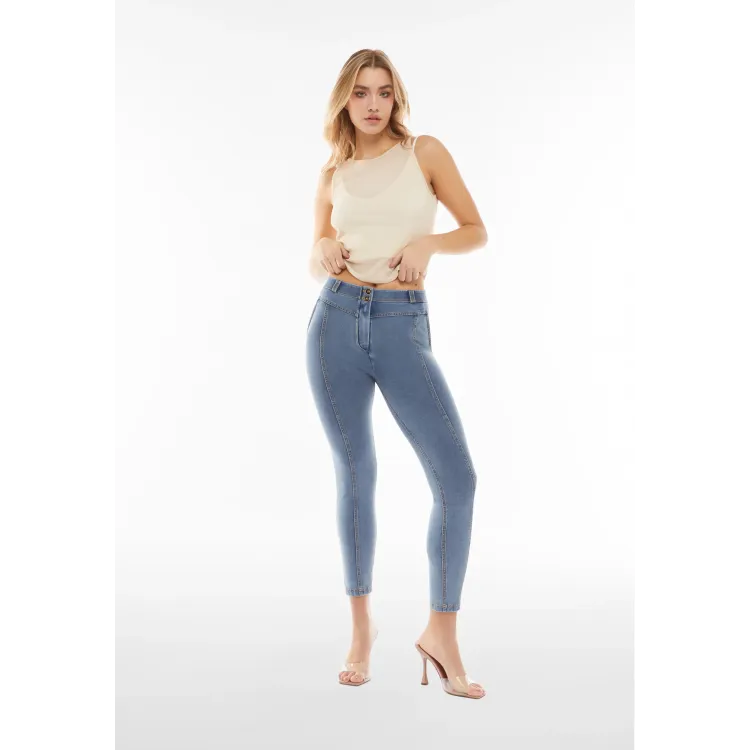 Freddy WR.UP® Damen Push-Up Jeans - 7/8 Regular High Waist Super Skinny - Mit Mittelnaht auf den Beinen - Denim - Gelbe Nähte -