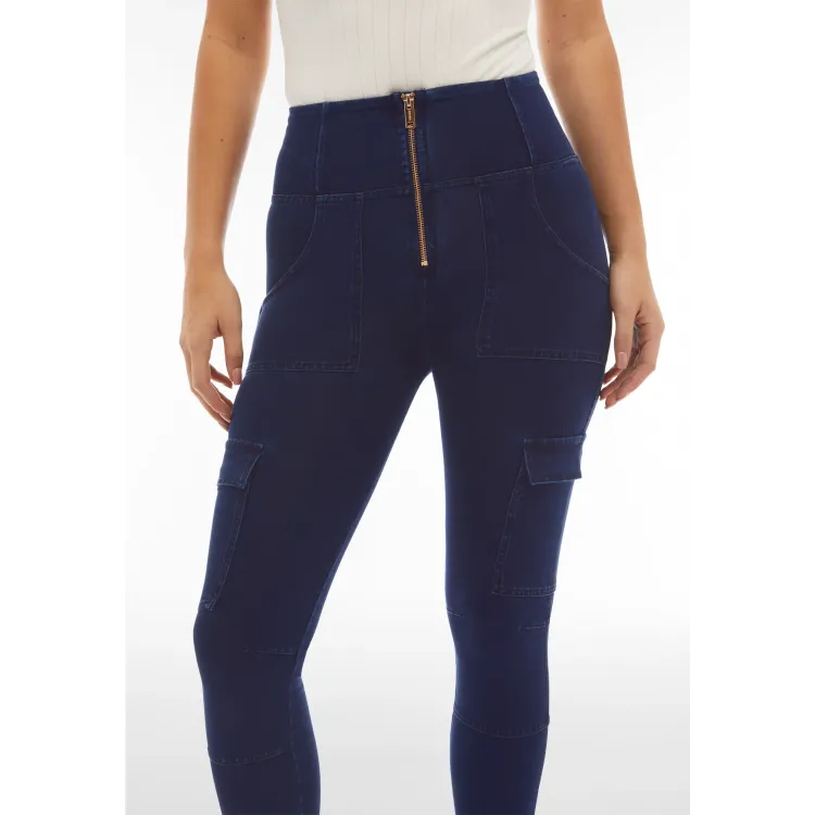Freddy WR.UP® Damen Push-Up Jeans - 7/8 High Waist Super Skinny - Cargotaschen - Indigoblau - Blaue Nähte - J0B