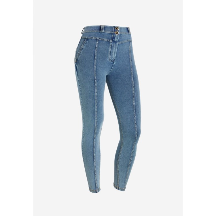 Freddy WR.UP® Damen Push-Up Jeans - 7/8 Regular High Waist Super Skinny - Mit Mittelnaht auf den Beinen - Denim - Gelbe Nähte -