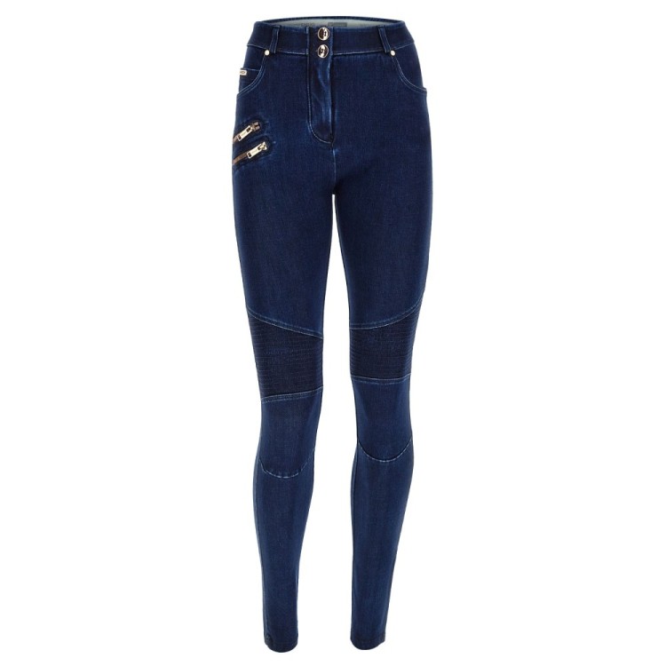 Freddy WR.UP® Snug Damen Push-Up Jeans - Regular High Waist Skinny - Biker-Style - Indigoblau - Blaue Nähte - J0B