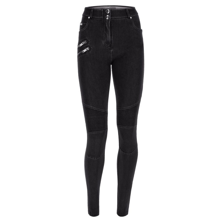 Freddy WR.UP® Snug Damen Push-Up Jeans - Regular High Waist Skinny - Biker-Style - Schwarz – Schwarze Nähte - J7N