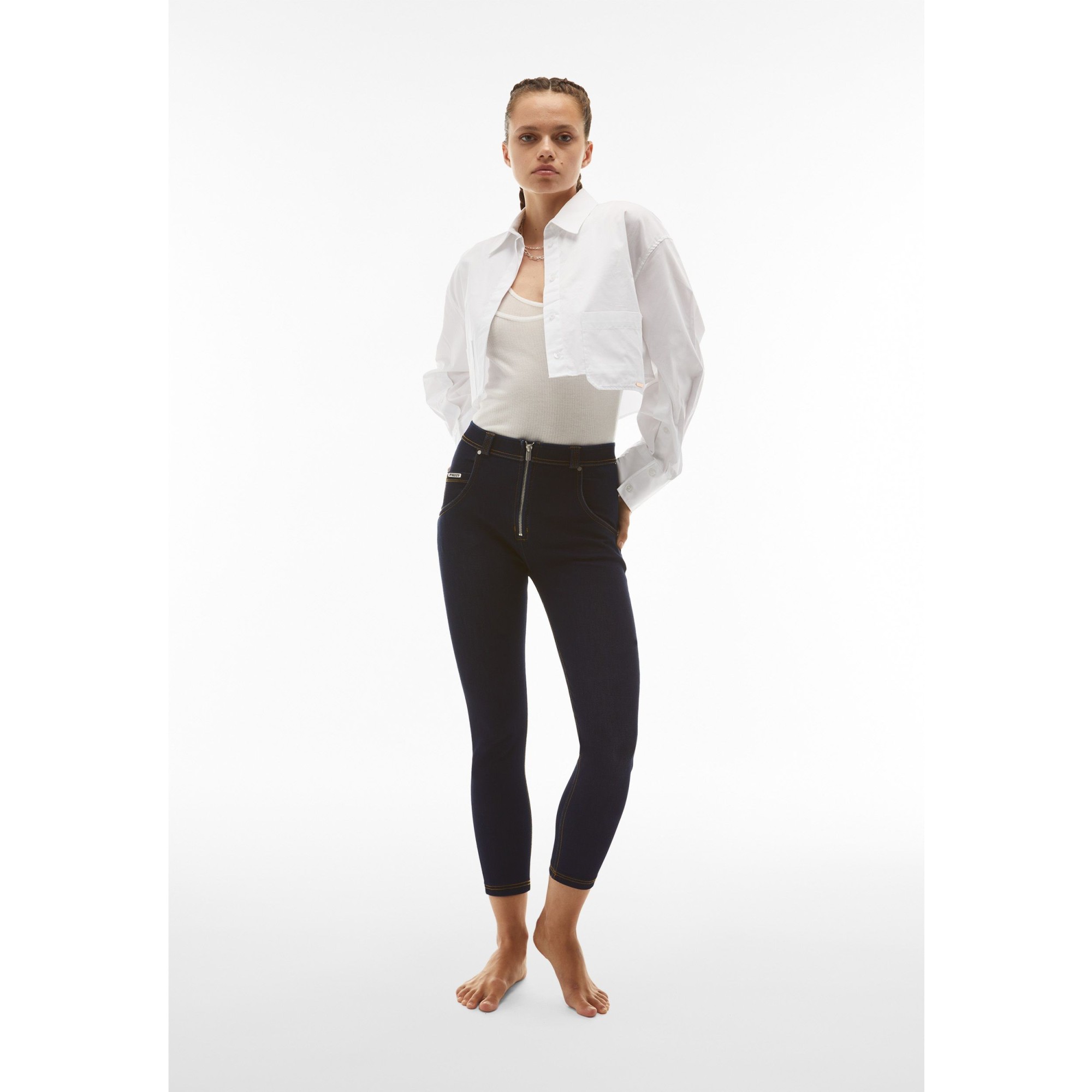 Freddy WR.UP® Snug Damen Push-Up Jeans - 7/8 High Waist Super Skinny - Dunkles Eisblau - Gelbe Nähte - J115Y