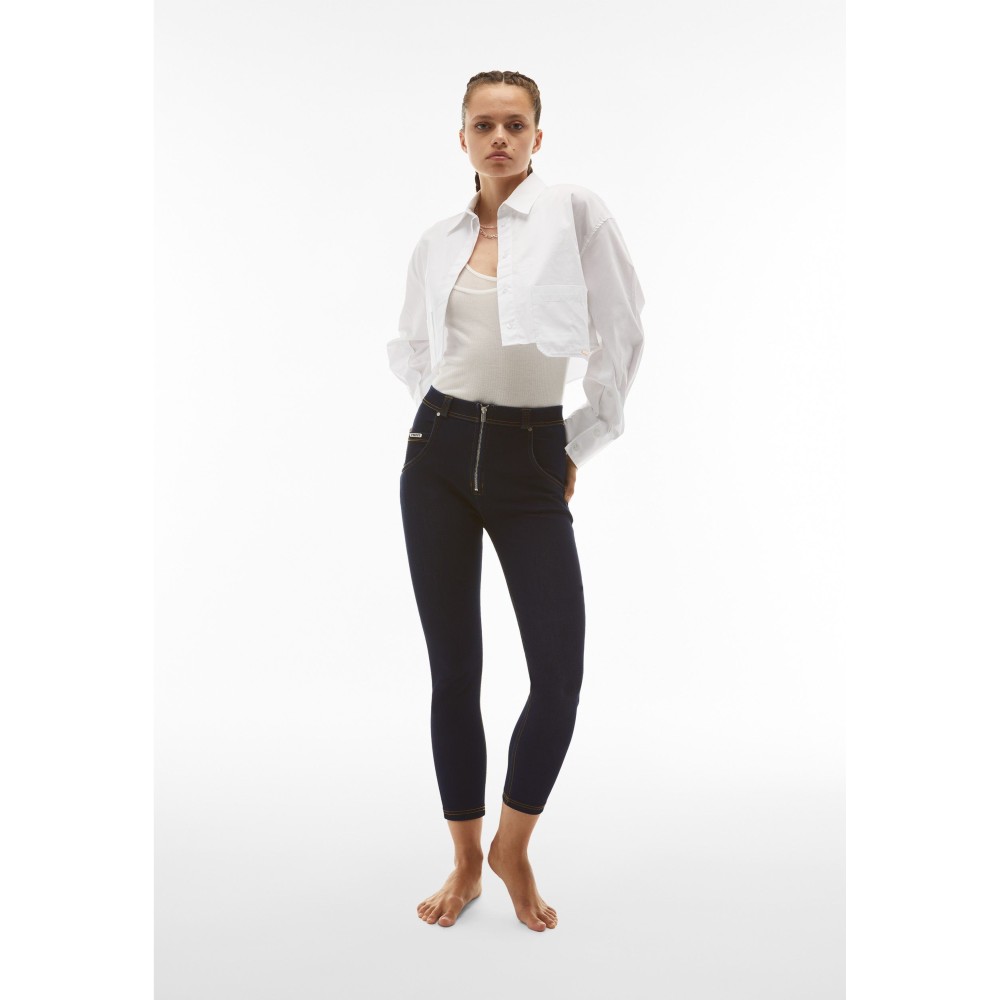 Freddy WR.UP® Snug Damen Push-Up Jeans - 7/8 High Waist Super Skinny - Dunkles Eisblau - Gelbe Nähte - J115Y