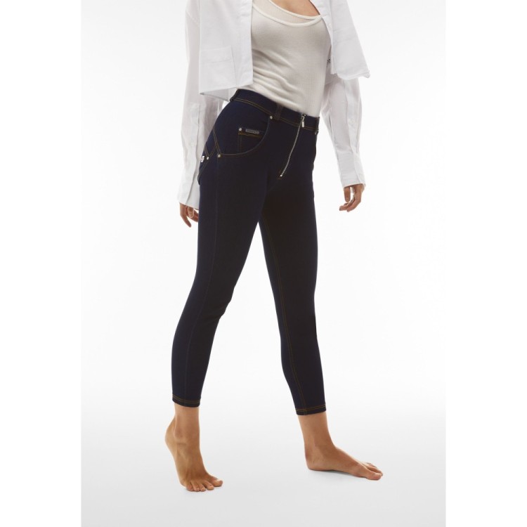 Freddy WR.UP® Snug Damen Push-Up Jeans - 7/8 High Waist Super Skinny - Dunkles Eisblau - Gelbe Nähte - J115Y