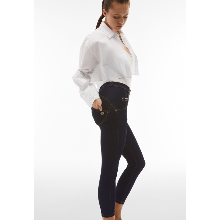 Freddy WR.UP® Snug Damen Push-Up Jeans - 7/8 High Waist Super Skinny - Dunkles Eisblau - Gelbe Nähte - J115Y