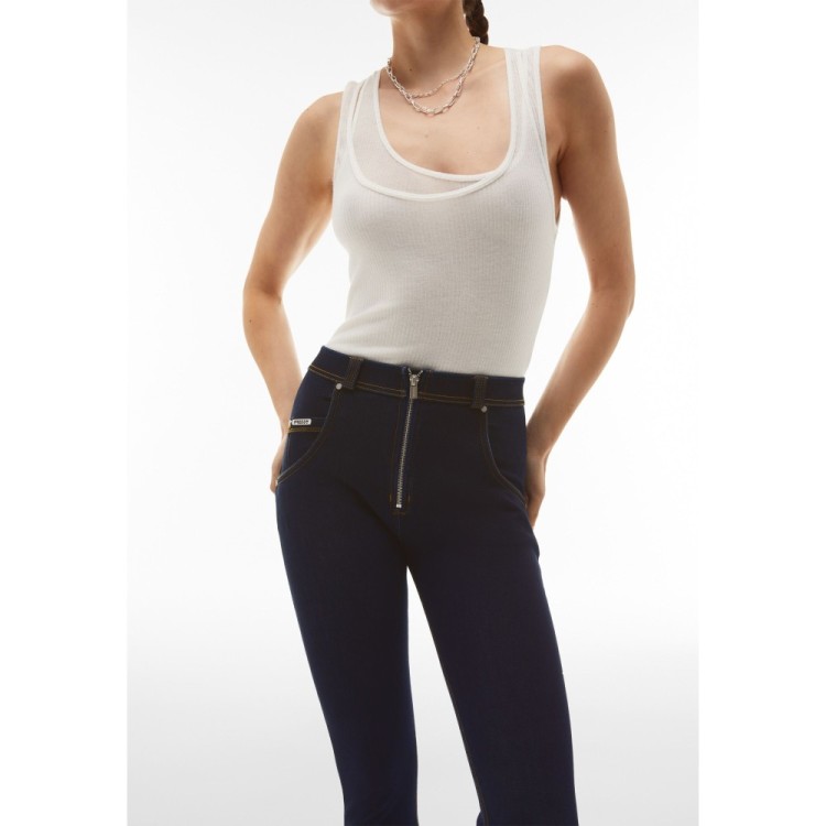 Freddy WR.UP® Snug Damen Push-Up Jeans - 7/8 High Waist Super Skinny - Dunkles Eisblau - Gelbe Nähte - J115Y