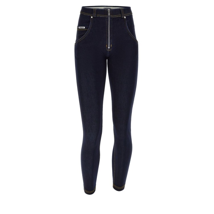 Freddy WR.UP® Snug Damen Push-Up Jeans - 7/8 High Waist Super Skinny - Dunkles Eisblau - Gelbe Nähte - J115Y