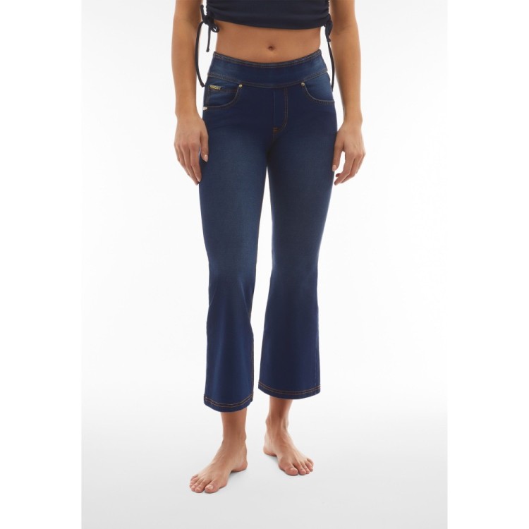 Freddy N.O.W.® Yoga Eco Damen Comfort Jeans - Mid Waist Flare Cropped - Indigoblau - Tobacco Nähte - J0B