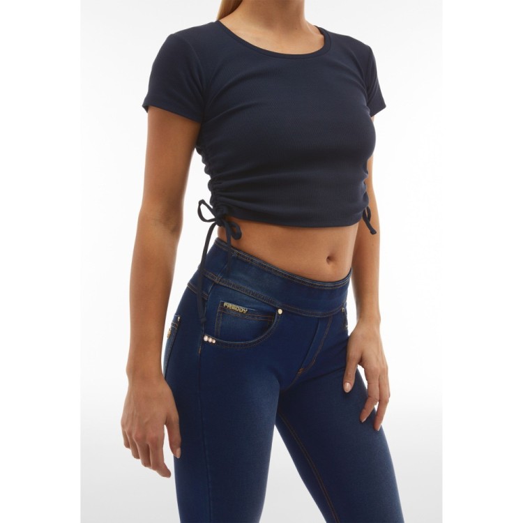 Freddy N.O.W.® Yoga Eco Damen Comfort Jeans - Mid Waist Flare Cropped - Indigoblau - Tobacco Nähte - J0B
