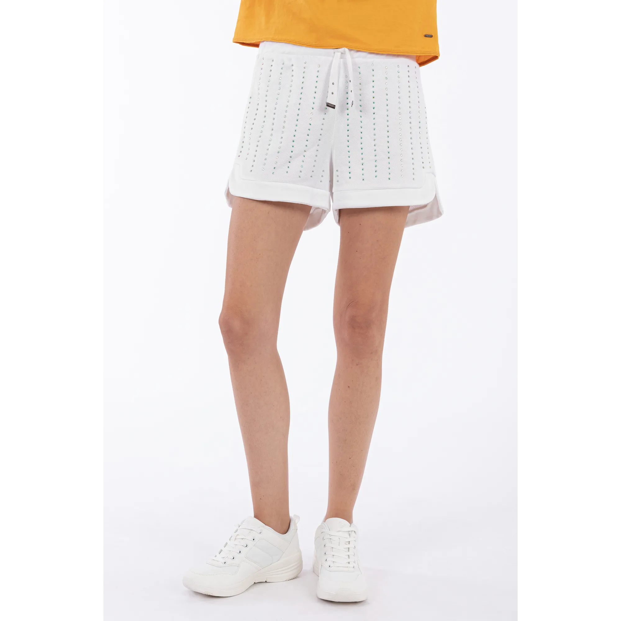 Shorts mit abgerundeten Beinabschlüssen und Kristallstreifen - White - W