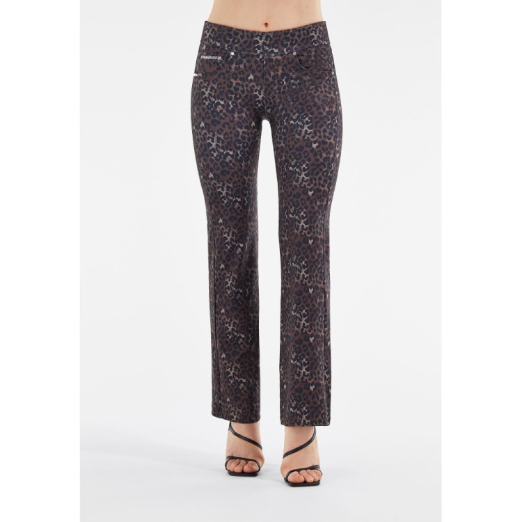 Freddy N.O.W.® Yoga Tech Damen Comfort Hose - Mid Waist Wide Leg - umschlagbarer Taillenbund - Braun - Leoparden-Print - ANI46