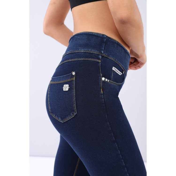 Freddy N.O.W.® Yoga Damen Comfort Jeans - Mid Waist Skinny - Blau - Blaue Nähte