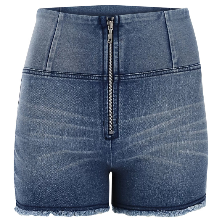 Freddy WR.UP® Damen Push-Up Shorts - High Waist - fransiger Saum - Hellblau - Blaue Nähte - J4B