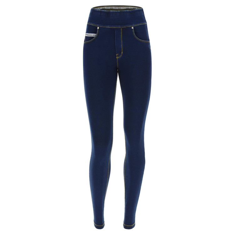 Freddy N.O.W.® Yoga Damen Comfort Hose - Mid Waist Skinny - Indigoblau - Gelbe Nähte