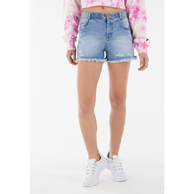 Freddy Damen Fit Jeans - Regular Waist Shorts - Distressed - Fransen am Saum - Hellblau - Gelbe Nähte - J107Y