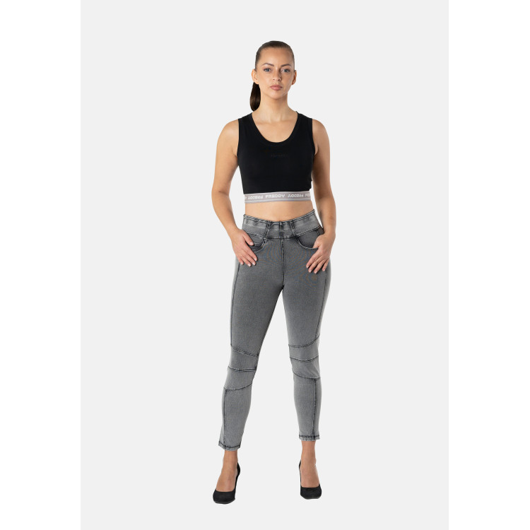 Freddy N.O.W.® Yoga Damen Comfort Jeans - 7/8 Mid Waist Skinny - Grau – Schwarze Nähte - J3N