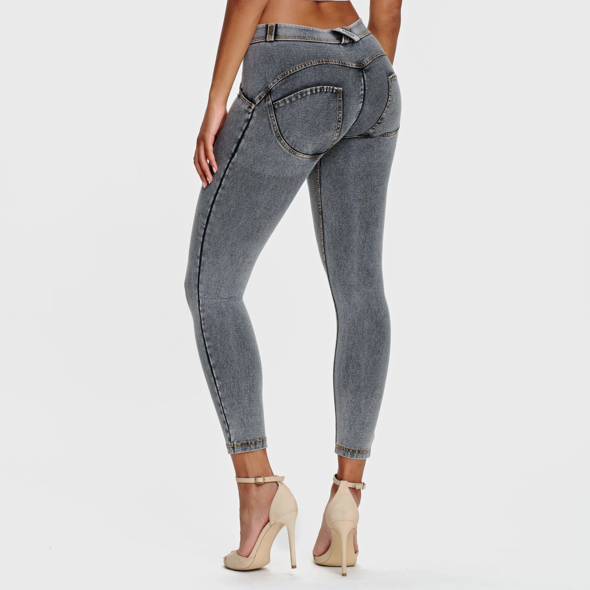 Freddy WR.UP® Damen Push-Up Jeans - 7/8 Regular Waist Super Skinny - Grau - Gelbe Nähte