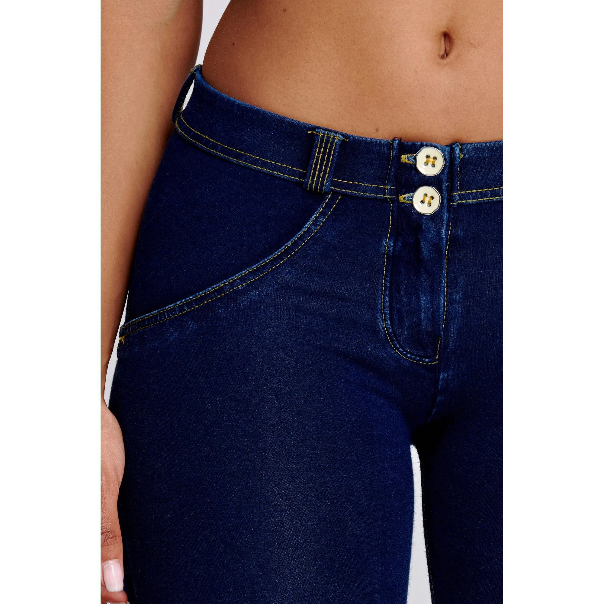 Freddy WR.UP® Damen Push-Up Jeans - Regular Waist Super Skinny - Indigoblau - Gelbe Nähte