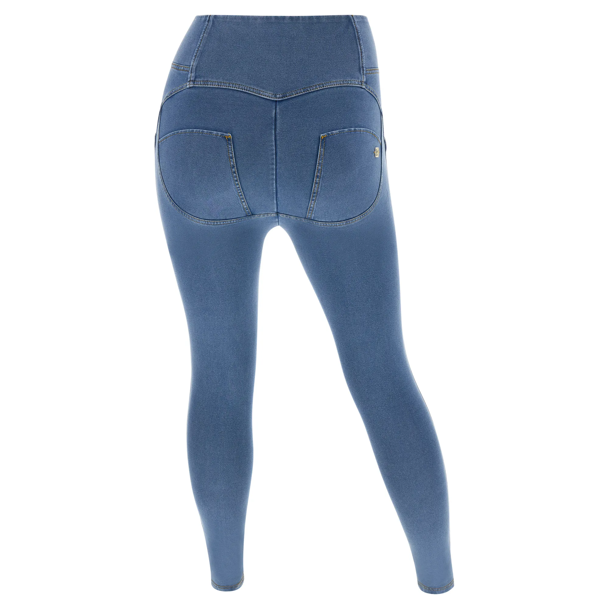 Freddy WR.UP® Curvy Damen Push-Up Jeans - Buttoned High Waist Super Skinny - Hellblau - Gelbe Nähte