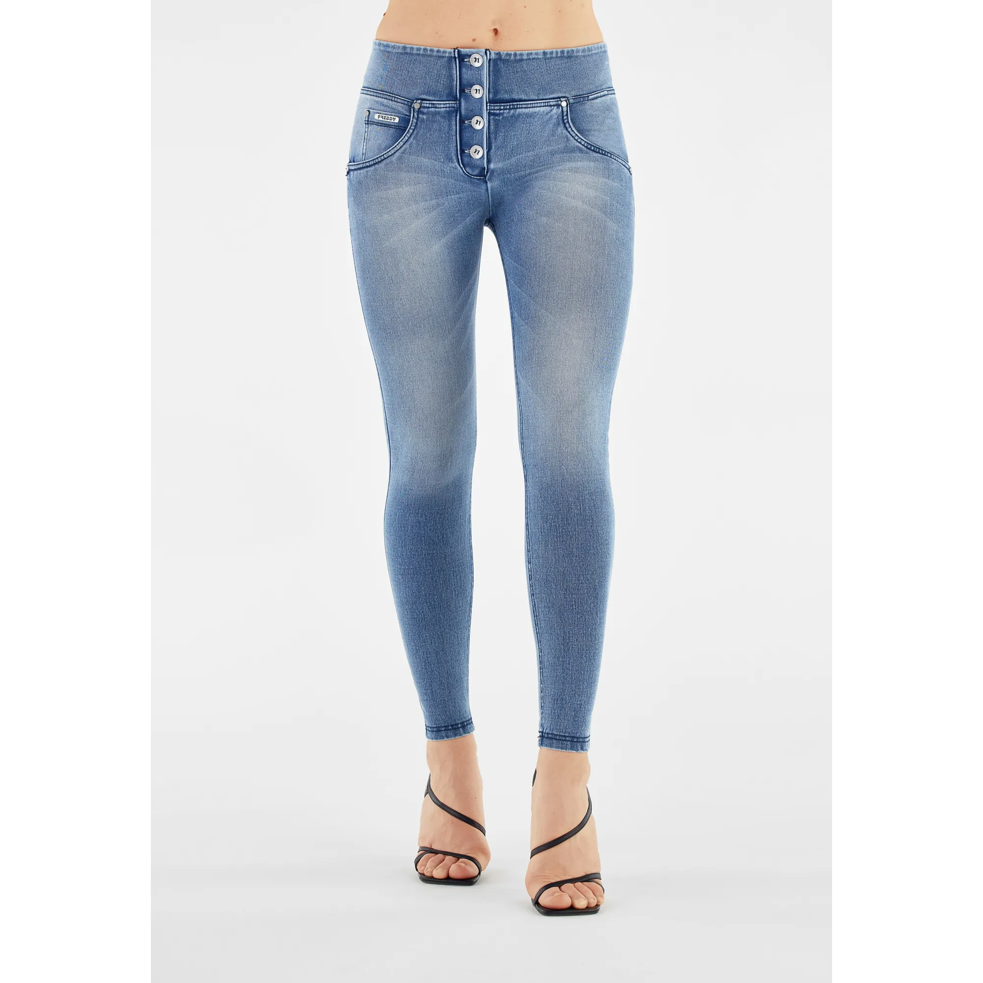 Freddy WR.UP® Snug Damen Push-Up Jeans - Mid Waist Super Skinny - Used-Effect - Blau - Blaue Nähte - J109B