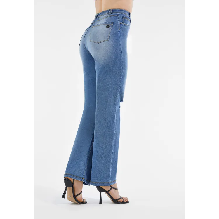 Freddy Damen Fit Jeans - High Waist Wide Leg - Distressed - Blau - Gelbe Nähte - J108Y