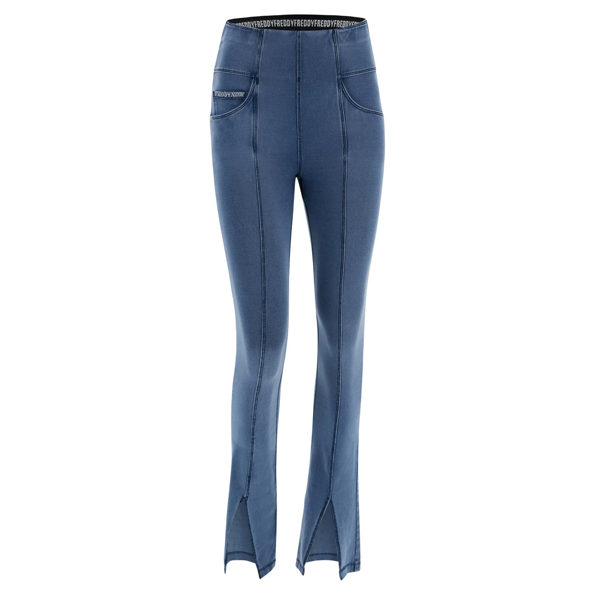 Freddy N.O.W.® Yoga Damen Comfort Jeans - 7/8 High Waist Schlitz am Saum - umschlagbarer Taillenbund - Hellblau - Blaue Nähte
