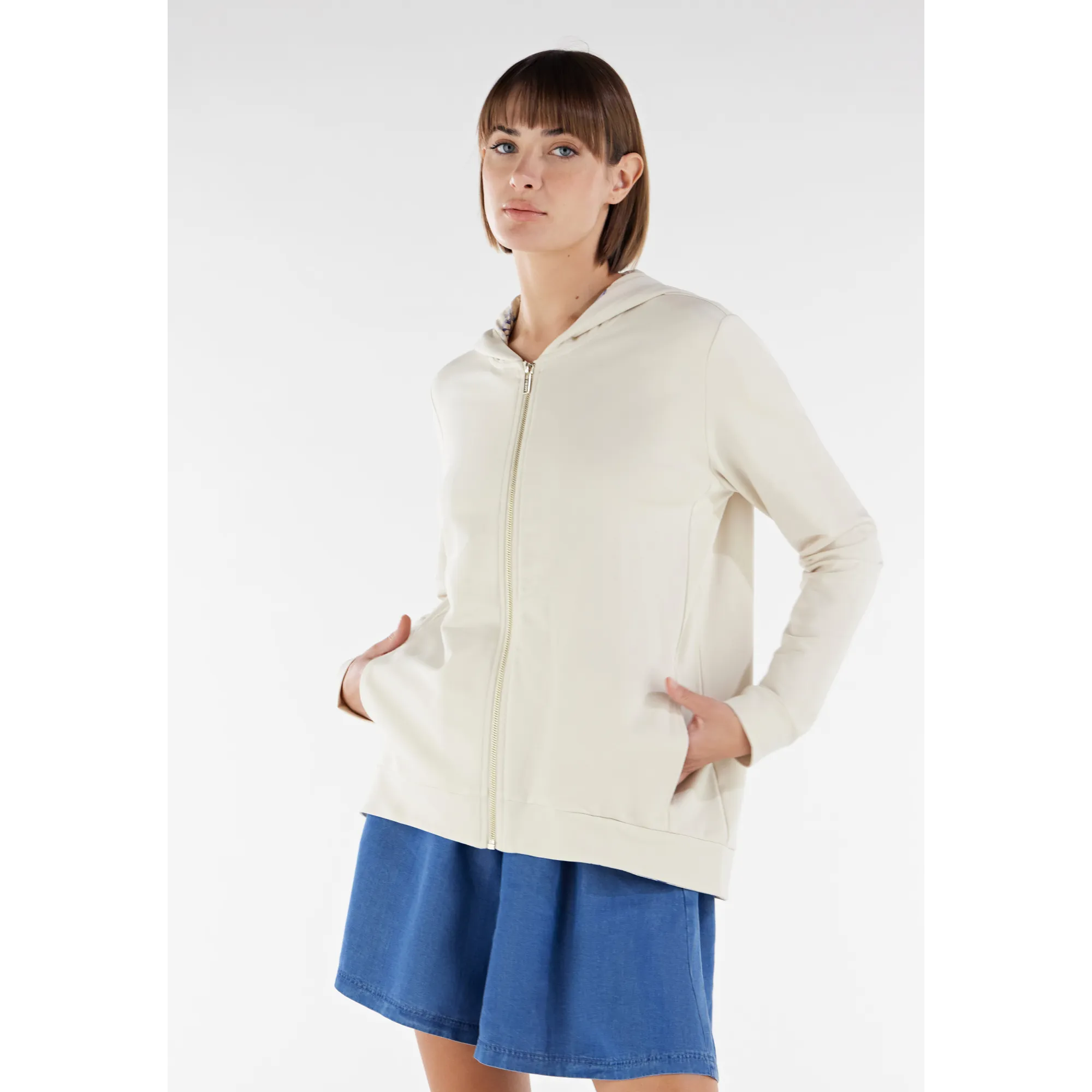 Freddy Damen Sweatshirt - Comfort Fit - Mit Kapuze und Zipper - Weiß - Flower-Print Inside - WFLO56