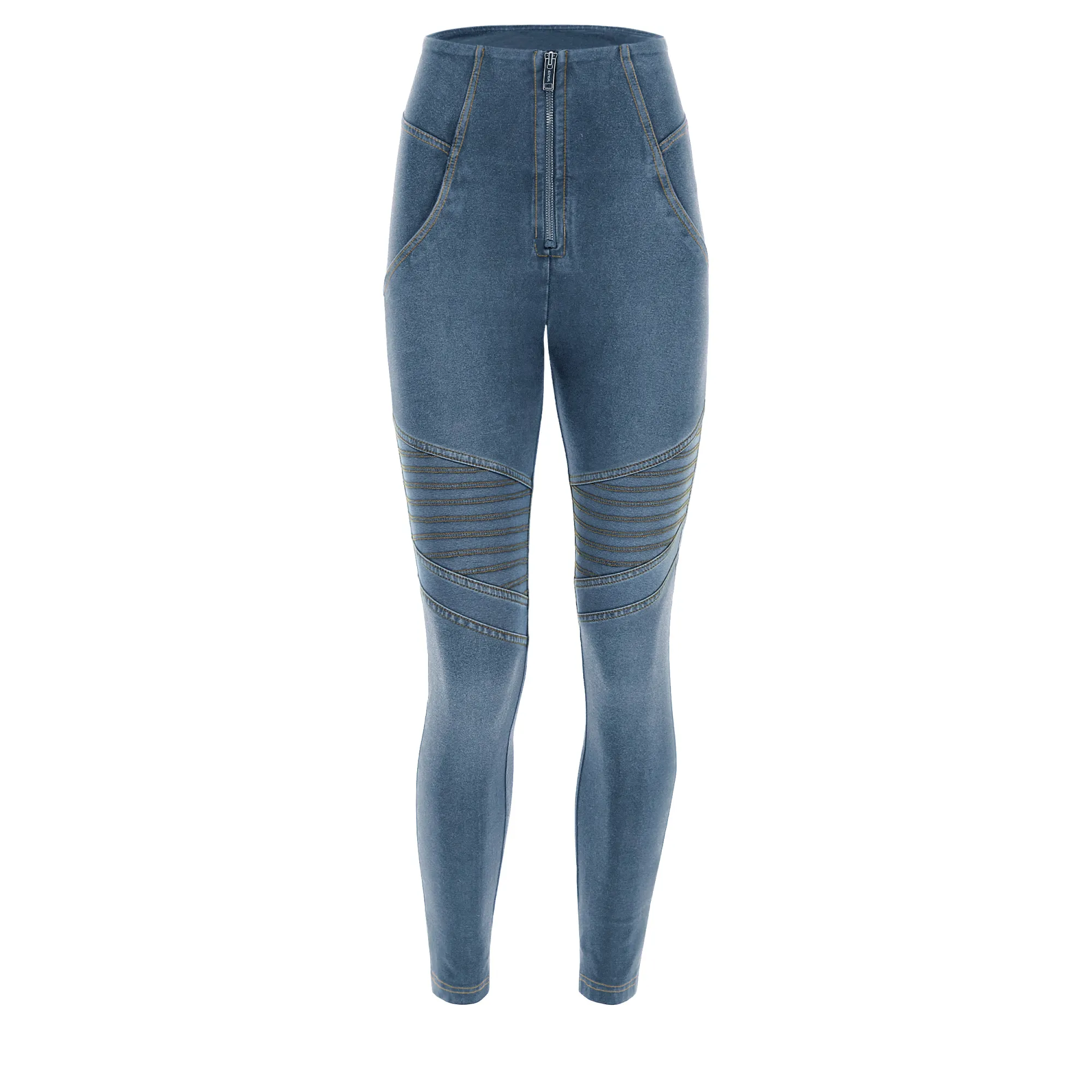 Freddy WR.UP® Damen Push-Up Jeans - 7/8 Super High Waist Super Skinny - Biker-Style - Used Look - Hellblau - Gelbe Nähte - J4Y