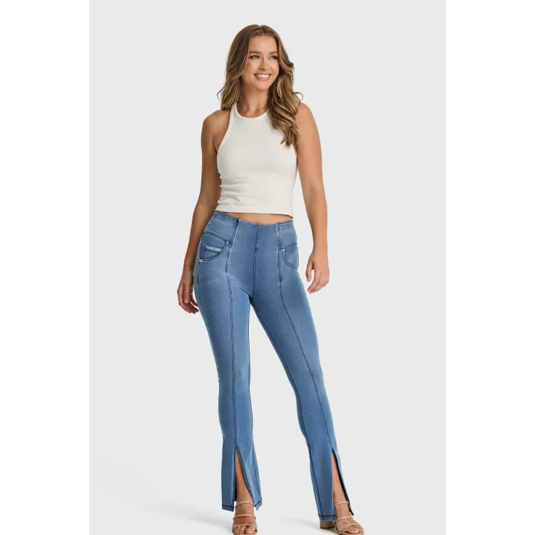 Freddy N.O.W.® Yoga Damen Comfort Jeans - 7/8 High Waist Schlitz am Saum - umschlagbarer Taillenbund - Hellblau - Blaue Nähte -