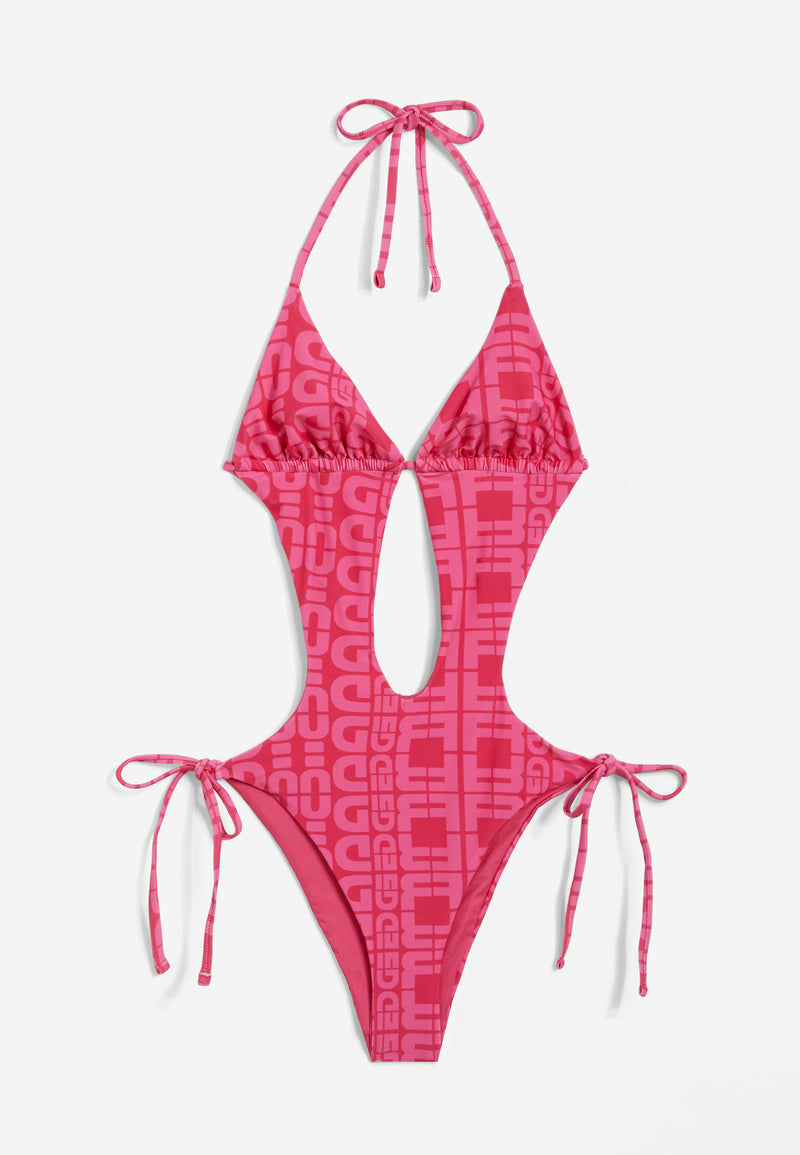 Einteiliger Badeanzug mit Cut-outs und Allover-Logo-Print - FUCHSIA