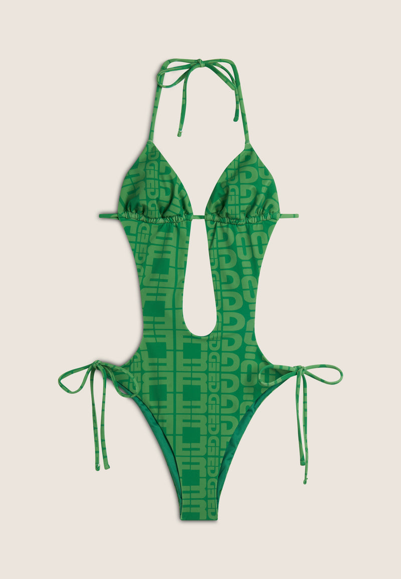 Einteiliger Badeanzug mit Cut-outs und Allover-Logo-Print - GREEN