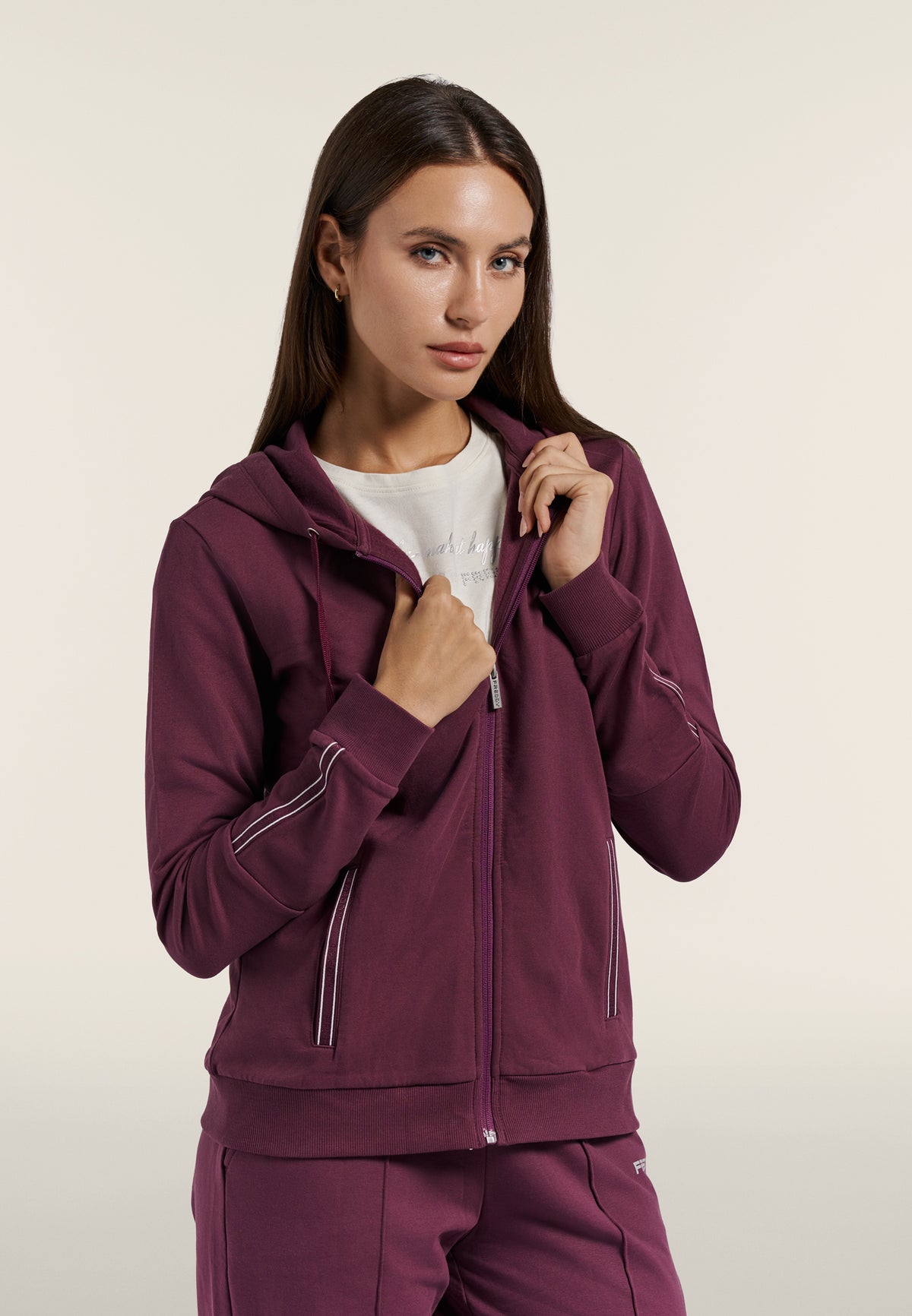 Zip hoodie with logo elastic trims - Mauve Wine